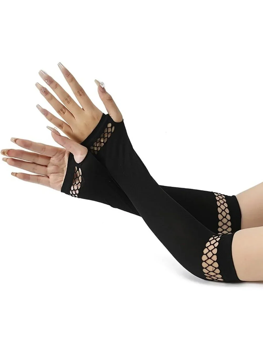 Women's Black Long Solid Arm Warmers Fishnet Mesh Trim Fingerless Gothic Gloves